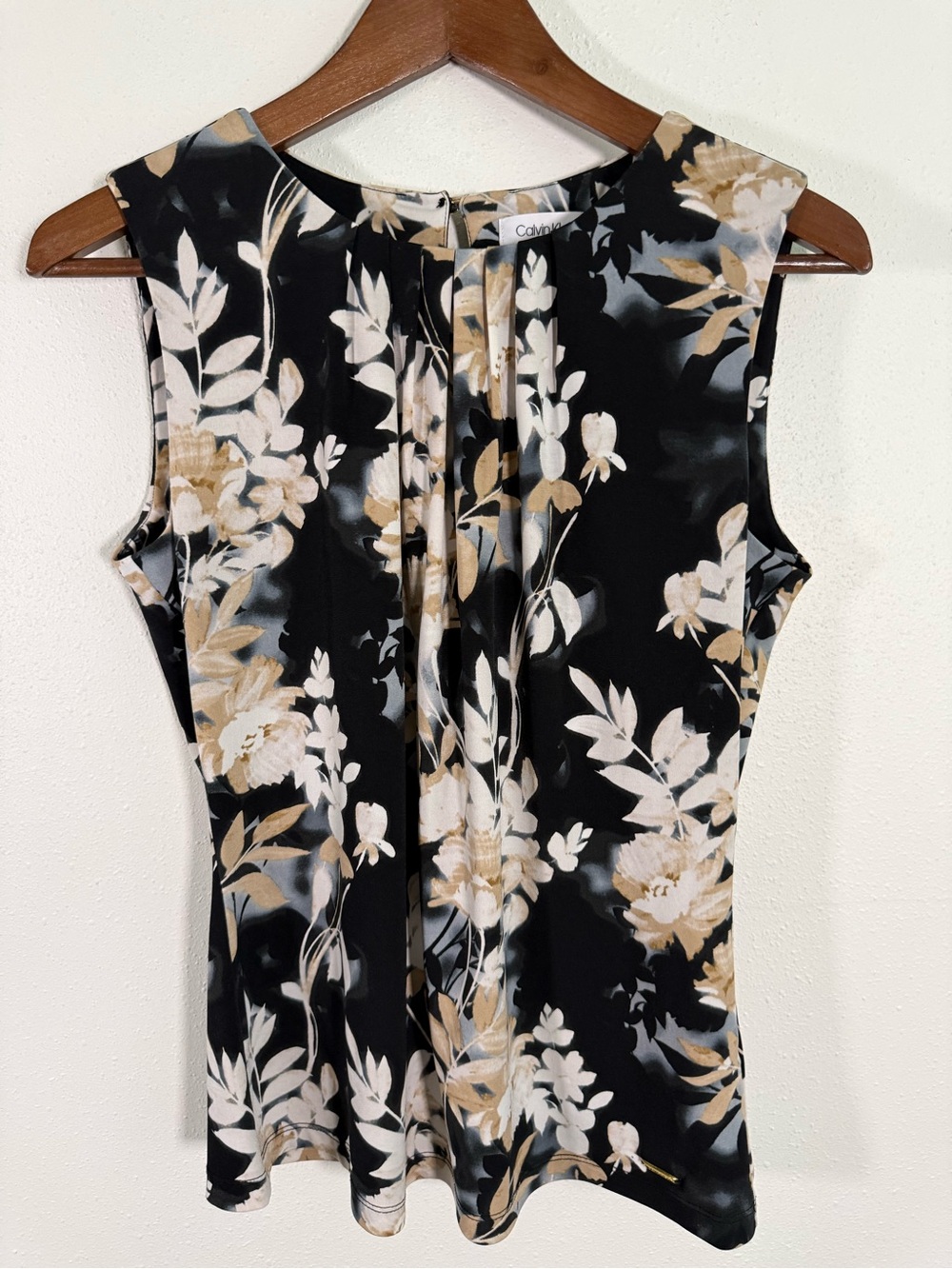 Calvin Klein Floral Sleeveless Blouse Black Beige Pleated Neck Career Top Small